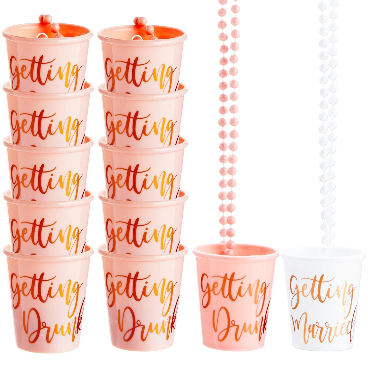 Sparkle and Bash Set of 12 Beaded Bachelorette Shot Glass Necklaces for Bridal Shower, White Bride Cup and Pink Bridesmaids Glasses, Gold Foil Design